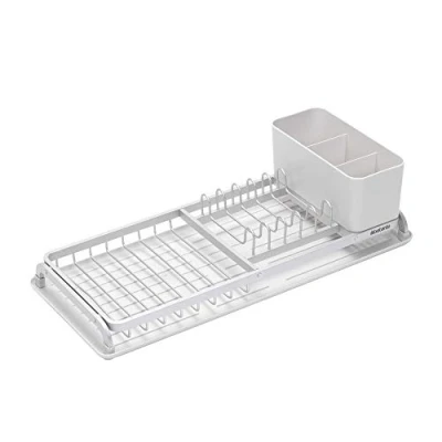 Image of Brabantia Dish Drying Draining Rack (Compact / Light Grey) Easy Clean Drip Tray and Removable Cutlery Basket, Corrosion Resistant Aluminium Rack, Compact (20 x 46 cm)