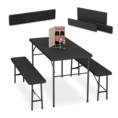 Image of Relaxdays 3 Piece Folding Garden Furniture Set, Beer Benches with Large Table, for Marquees and Tents, Wood Look, Black