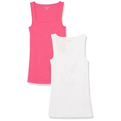 Image of Amazon Essentials Women&#039;s Slim Fit Square Neck Tank, Pack of 2, White/Dark Pink, XXL