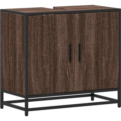 Image of vidaXL Bathroom Sink Cabinet Brown Oak/Industrial Metal Frame Engineered Wood 65x33x60cm Vanity Unit with Ample Storage and Retro Design