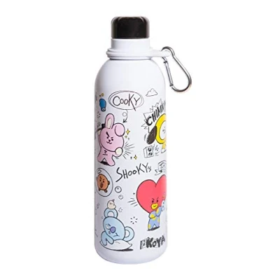 Image of Grupo Erik BT21 Official Merchandise Water Bottle Sports 500ml / 17OZ, Stainless Steel, Vacuum Insulated Bottle, Double Wall Reusable with Carabiner, BPA Free