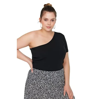 Image of Trendyol FeMan Plus Size Fitted Basic Asymmetrical Collar Knit Blouse Black