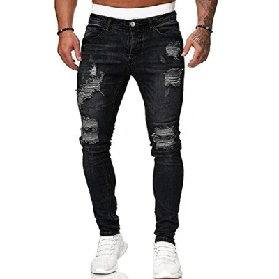 Image of Men&#039;s Stretch Skinny Ripped Jeans, Super Comfy Distressed Denim Pants with Destroyed Holes(Black,S)