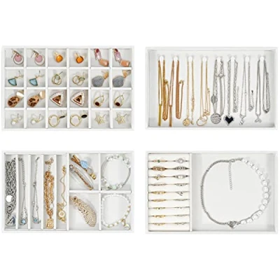 Image of ProCase Jewellery Tray Organiser, Drawer Organiser Velvet Stackable Storage for Display Earring Necklace Ring Bracelet 4 Layers, White