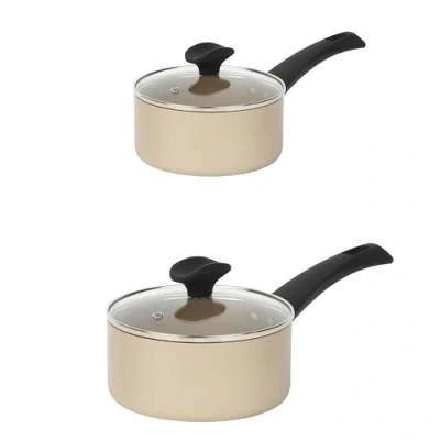 Image of Salter Olympus 16 &amp; 20 cm Saucepan Set with Lids, Non Stick Induction Suitable Cooking Pot, Safe, All Hobs, Aluminium Soup/Sauce Milk Pan, Easy Clean, Soft/Cool Touch Handle, Gold