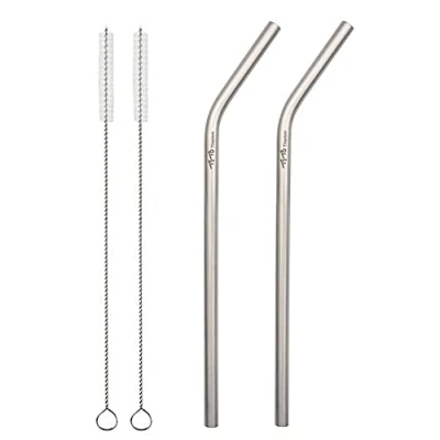 Image of TiTo Titanium Straw Supper Strong and Ultralight Drinking with Cleaning Brush Dia 7mm X 0.4mm Bent Straight Two Shape Alloy (Pack of 2) (2 Bent)
