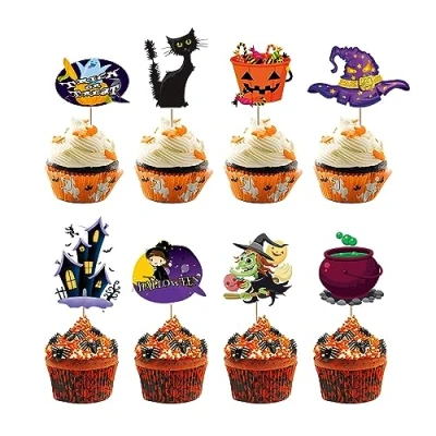 Image of Halloween Cupcake Toppers Set 30pcs Cake Picks Topper Photo Booth Props Party Decorations for Kids Bat Witch Ghost Pumpkin Skull