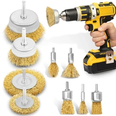 Image of BLOSTM Steel Wire Brush for Drill 9PCS Brass Coated Attachment Set with 1/4&quot; Shank Hex Brushes Cleaning, Rust &amp; Paint Removal, Polishing Wheel (9PCS)