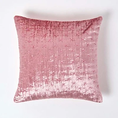 Image of HOMESCAPES Blush Pink 55 x 55cm Large Crushed Velvet Cushion Cover with Embroidered Design Super Soft Dusky Luxury Decorative Square Scatter Throw Pillow for Sofa or Bed Zip Closure