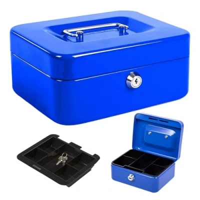 Image of HomeZone® 6 Inch Steel Money Cash Box Metal Petty Locking Safe with 2 Keys and Carry Handle Notes Coins (Blue)