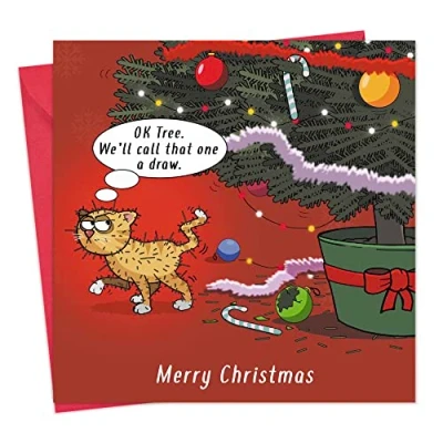 Image of Twizler Merry Christmas Card with Cat vs Tree Funny Happy Xmas Womens Female Mens