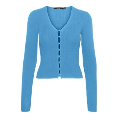 Image of VERO MODA Women&#039;s Vmgold Rib LS V Neck Button Jumper Knitted, Bonnie Blue, L