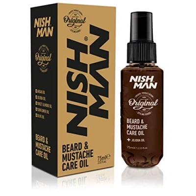 Image of Nish Man Beard &amp; Mustache Oil for Men All Natural Argan, Jojoba, Sweet Almond, Olive Oils Softens, Smooths Strengthens Growth Easy Comb Nishman Grooming Maintenance Conditioner (75ml)