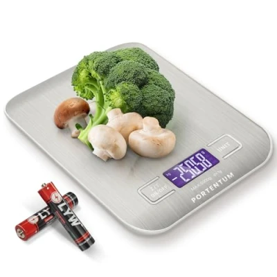 Image of PORTENTUM Digital Kitchen Scales 5kg/11lb with Large LCD Display, Food Stainless Steel Weighing Surface, Liquid Measurement, High Precision up to 1 g, Tare Function,