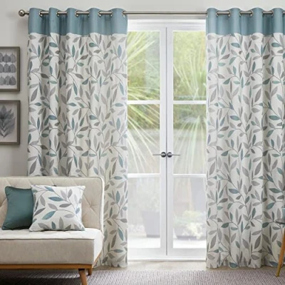 Image of Fusion Duck Egg Blue Leaf Curtains W66 x L54 (168 137cm) 100% Cotton 2x Panels Eyelet in Floral for Bedroom &amp; Living Room Beechwood Collection