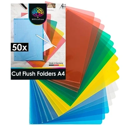 Image of OfficeTree 50x Coloured Plastic Wallets A4 Cut Flush Folders File Covers Clear Sleeves for Paper Side Opening Made in Germany