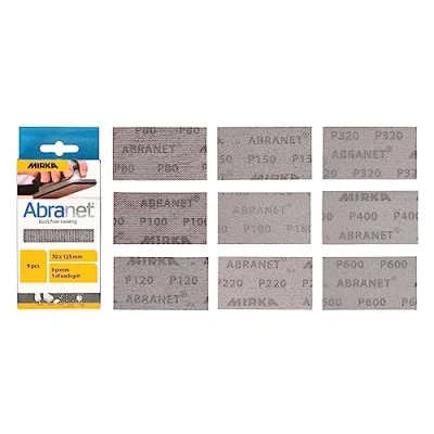 Image of Mirka Abranet net sandpaper strips 70 x 125mm Grip / Mix pack 1 of each grit 80, 100, 120, 150, 180, 220, 320, 400, 600 9 pcs for sanding wood, filler, varnish, plastics