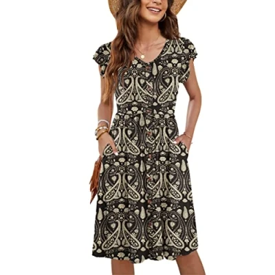 Image of MOLERANI Women Summer Dresses Ruffle Sleeve V Neck Casual Swing Elastic Waist Midi Dress with Pockets Plain Paisley Floral Black S