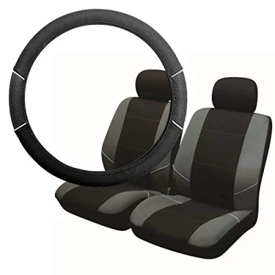 Image of UKB4C Grey &amp; Black Steering Wheel Front Seat Cover set for Mitsubishi L200