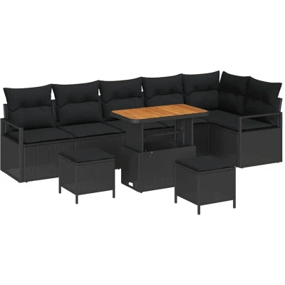 Image of vidaXL 9 Piece Garden Sofa Set with Cushions Black Poly Rattan Acacia