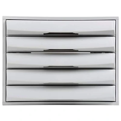 Image of Exacompta Ref 222040D The Box Office Storage Drawer Set 387 x 284 218mm in Size, 5 Closed Drawers, 38mm High Suitable for A4+ Documents Light Grey