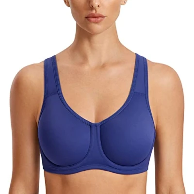 Image of SYROKAN Women&#039;s Max Control Solid High Impact Plus Size Underwire Sports Bra for Large Breasts Midnight Blue 40C