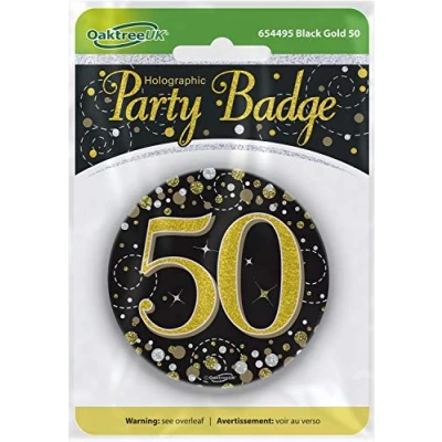 Image of OakTree 3&quot; Badge 50th Birthday Sparkling Fizz Black Gold Holographic