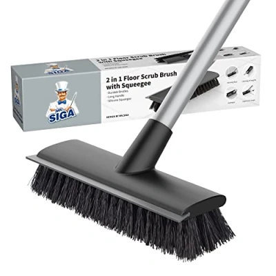 Image of MR.SIGA Floor Scrub Brush with Long Handle, 2 in 1 Scrubber and Squeegee for Cleaning Bathroom, Patio, Garage, Wall, Tile Stiff Bristles
