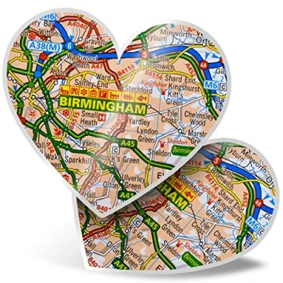 Image of 2 x Heart Stickers 7.5 cm Birmingham England Travel City UK Map Fun Decals for Laptops,Tablets,Luggage,Scrap Booking,Fridges, 44284