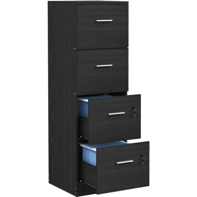 Image of HOMCOM File Cabinet with 4 Drawers for Home Office, Vertical Filing Lock, Adjustable Hanging Bar A4 and Letter Size, Black Wood Effect