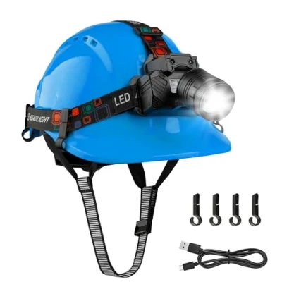 Image of Mustbau Hard Hat with Head Torch Safety Helmet Sensor LED Headlight,Adjustable Vented Hardhats and Rechargeable Headlamp Set EN397 for Construction Worker Blue