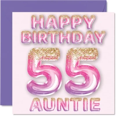Image of 55th Birthday Card for Auntie Pink &amp; Purple Glitter Balloons Happy Cards 55 Year Old Aunt Aunty from Nephew Niece, 145mm x Bday Greeting Gift