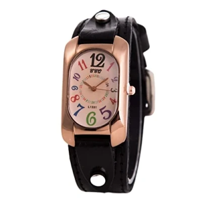 Image of Vintage Leather Quartz Stone Women&#039;s Watch, Strap Ladies Genuine Rectangle Digital Watch (Black)