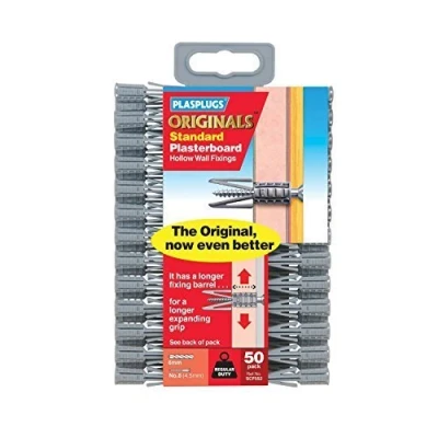 Image of Plasterboard Hollow Cavity Drywall Plugs Raw Rawl Plug Fixings Professional Picture Frame Object Hanging Screw Fixing Clamps Pack of 50