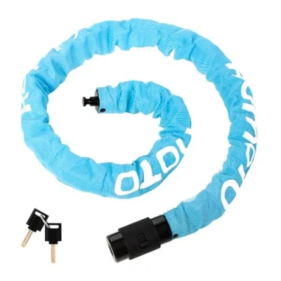 Image of Bike Lock with Key, 100cm Length Bicycle Lock, Locks High Security, 360 Rotatable Head Waterproof Keyhole Cover, Chain for E Bike/Motorcycle/Door/Gate/Fence（Light Blue）