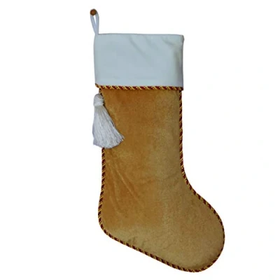 Image of Gireshome Vintage Gold &amp; White Velvet Stocking with Tassel Decoration, Christmas 10&quot;x18&quot;
