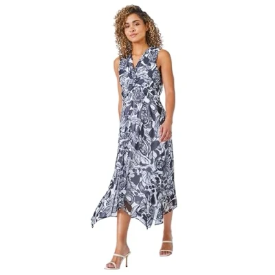 Image of Roman Originals Women Petite Contrast Floral Print Hanky Hem Dress Ladies Spring Everyday Summer Holiday V Neckline Comfy Sleeveless Soft Vacation Navy Size 18
