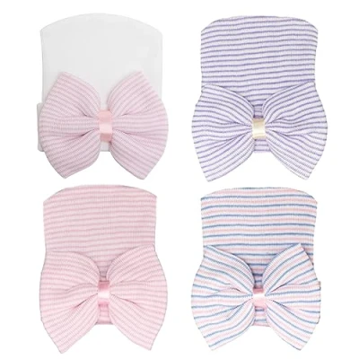 Image of DRESHOW 4 Pcs Newborn Hospital Hat Infant Baby Cap with Big Bow Soft Cute Knot Nursery Beanie