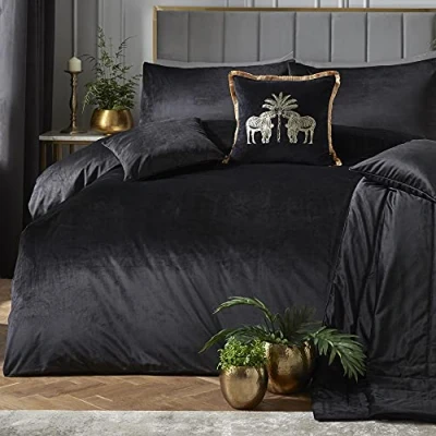 Image of Laurence Llewelyn Bowen Black Velvet Duvet Cover Set Super King Bedding Size (260 x 220cm) 2 Pillowcases Soft Touch Designer Luxury in