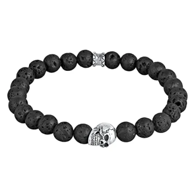 Image of Kuzzoi Buddha 0211741221 Men&#039;s Bracelet with Lava Stone Beads Black 925 Sterling Silver Chakra Yoga Energy Length 19 23 cm Elastic, Nylon, Rock