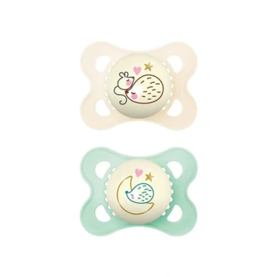 Image of MAM Night Glow in The Dark Silicone Pacifier, Green/White, 0 6 Months, 2 Count