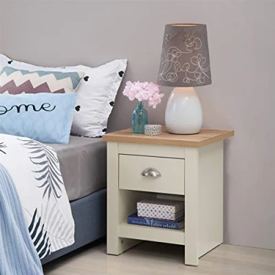 Image of Timber Art Design UK Lisbon Cream 2x Bedside Table with 1 Drawer Chest Cabinet Storage Unit Nightstand Modern Furniture for Living Room, Bedroom, Hallway Oak Effect 50 x 40 43 cm