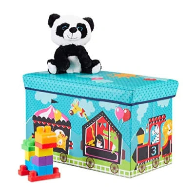 Image of Relaxdays Children’s Ottoman, Folding Storage Box for Boys and Organisers, 50 Litres, Compact, Circus, Turquoise