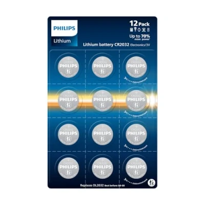 Image of Philips Lithium CR2032 3 Volt Batteries Ideal for Watches, Key Fobs and Calculators, Pack of 12