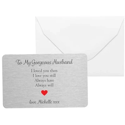 Image of Personalised Sentimental Keepsake Gorgeous Husband Metal Wallet Card Romantic Anniversary Valentines Gift (Organza Bag)