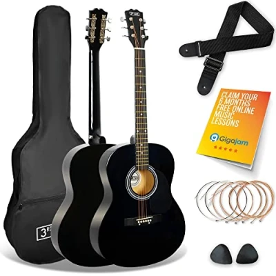 Image of 3rd Avenue Full Size 4/4 Acoustic Guitar Steel String Pack Bundle for Beginners 6 Months FREE Lessons, Bag, Picks and Spare Strings Black