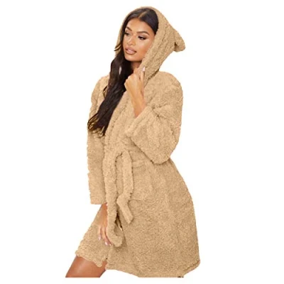 Image of Women Fleece Fluffy Dressing Gown, Soft Cuddly Cute Teddy Bear Bathrobe with Hood &amp; Ears, Winter Shaggy Sherpa Flannel Warm Plush Shawl Collar Blanket Dress, Cosy Housecoat, Nightgown Loungewear