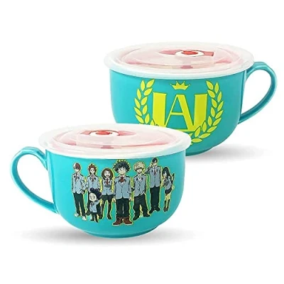 Image of Just Funky My Hero Academia Ceramic Ramen Soup Rice 18 Oz Bowl with Lid Featuring Deku Bakugo and Todoroki Class 1 A Official Licensed