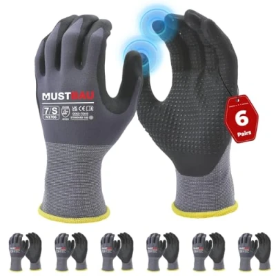Image of Mustbau 6 Pairs Safety Work Gloves Breathable Nitrile Coated Gloves,Knit Nylon Protective Gloves,Abrasion,Dexterity, Touch Screen, for Most Kinds of Jobs S