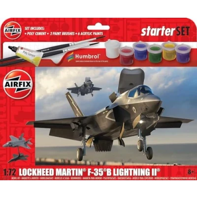 Image of Airfix Starter Set A55010 Lockheed Martin F 35B Lightning II Model Building Kit Plastic Plane Kits for Adults &amp; Children 8+, Includes Acrylic Paints, Brushes Poly Cement 1:72 Scale